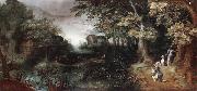 Claes Dircksz.van er heck A wooded landscape with huntsmen in the foreground,a town beyond oil painting
